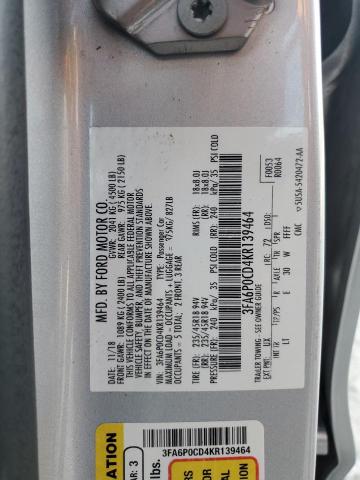 3FA6P0CD4KR139464 - 2019 FORD FUSION SEL WHITE photo 13