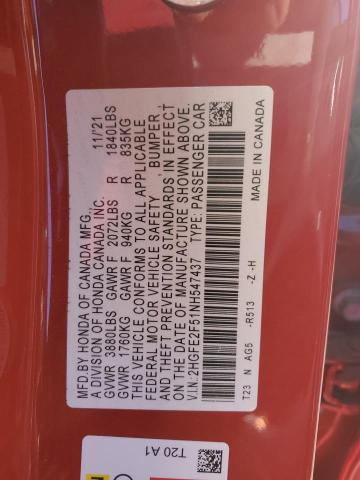 2HGFE2F51NH547437 - 2022 HONDA CIVIC SPORT RED photo 12