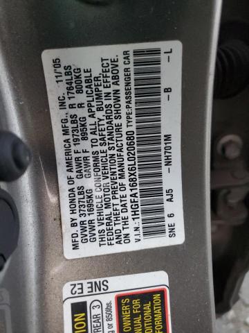 1HGFA168X6L020680 - 2006 HONDA CIVIC EX GRAY photo 12