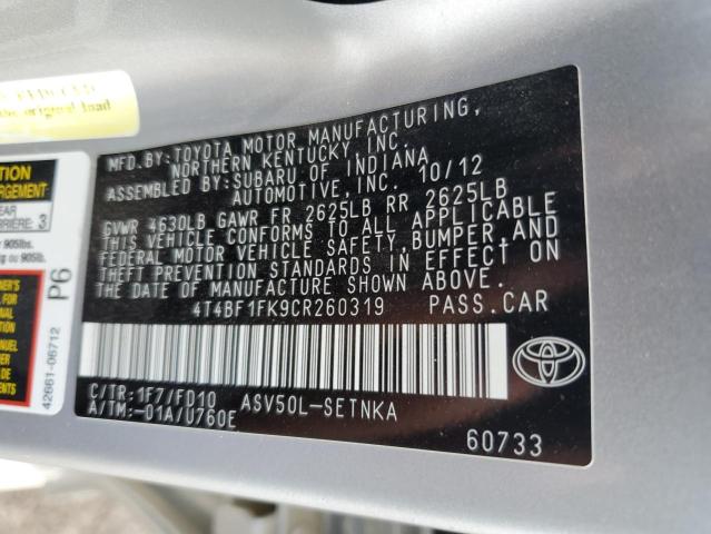 4T4BF1FK9CR260319 - 2012 TOYOTA CAMRY BASE SILVER photo 12