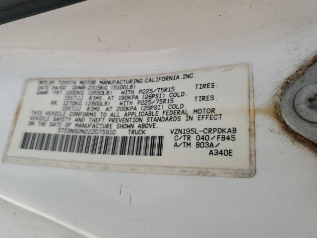 5TESN92N22Z075910 - 2002 TOYOTA TACOMA XTRACAB PRERUNNER თეთრი ფოტო 12