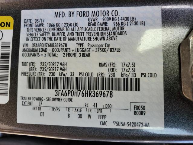 3FA6P0H76HR369678 - 2017 FORD FUSION SE GRAY photo 13