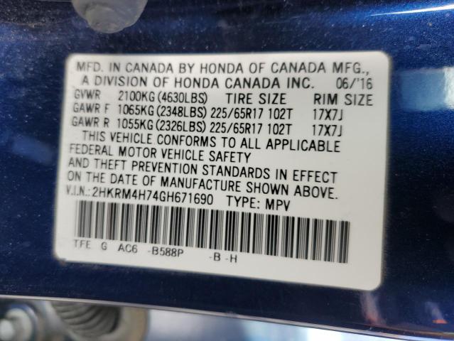 2HKRM4H74GH671690 - 2016 HONDA CR-V EXL BLUE photo 14