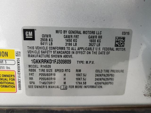 1GKKRRKD1FJ309809 - 2015 GMC ACADIA SLT-1 SILVER photo 13