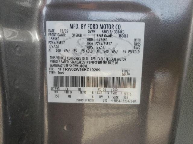 1FTRW02W56KC10209 - 2006 FORD F150 GRAY photo 12