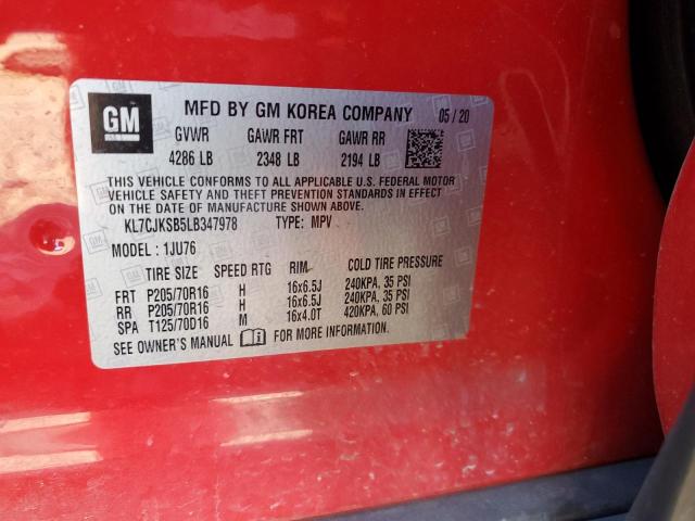 KL7CJKSB5LB347978 - 2020 CHEVROLET TRAX LS RED photo 12