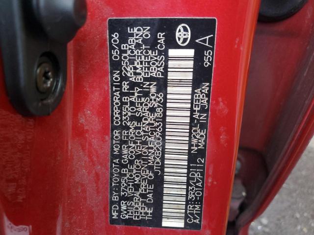 JTDKB20U963188736 - 2006 TOYOTA PRIUS RED photo 12