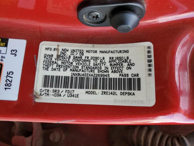 1NXBU4EEXAZ269945 - 2010 TOYOTA COROLLA BASE RED photo 12