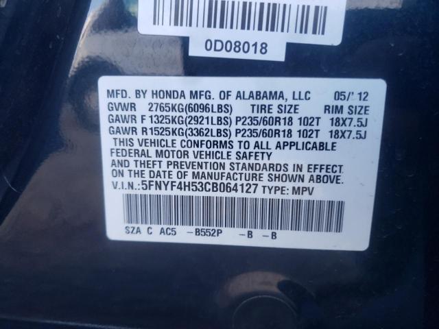 5FNYF4H53CB064127 - 2012 HONDA PILOT EXL BLUE photo 12