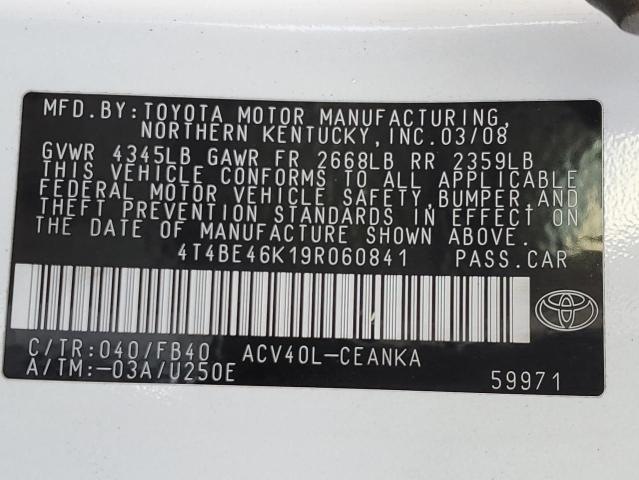 4T4BE46K19R060841 - 2009 TOYOTA CAMRY BASE WHITE photo 12