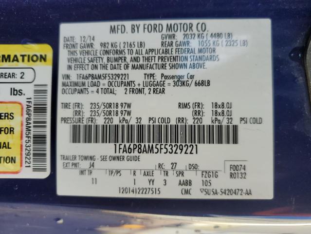 1FA6P8AM5F5329221 - 2015 FORD MUSTANG BLUE photo 12