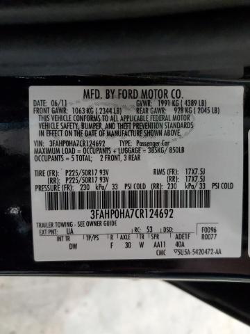 3FAHP0HA7CR124692 - 2012 FORD FUSION SE BLACK photo 12