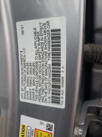 1HGCV2F31MA022845 - 2021 HONDA ACCORD SPORT GRAY photo 12