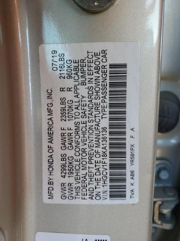 1HGCV1F18KA136136 - 2019 HONDA ACCORD LX GOLD photo 12