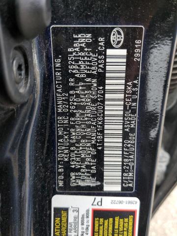 4T1BF1FK6CU071704 - 2012 TOYOTA CAMRY BASE BLACK photo 12