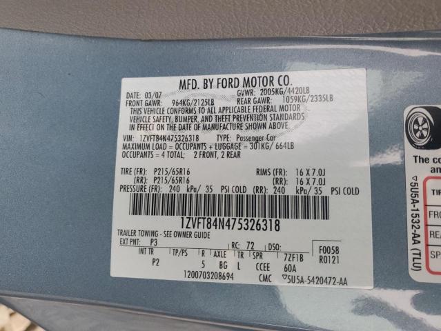 1ZVFT84N475326318 - 2007 FORD MUSTANG BLUE photo 12