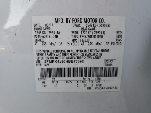 2FMPK4J80HBB75892 - 2017 FORD EDGE SEL WHITE photo 13