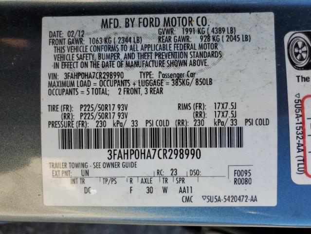 3FAHP0HA7CR298990 - 2012 FORD FUSION SE BLUE photo 12