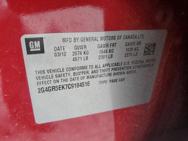2G4GR5EK7C9184516 - 2012 BUICK REGAL 红色 照片 12