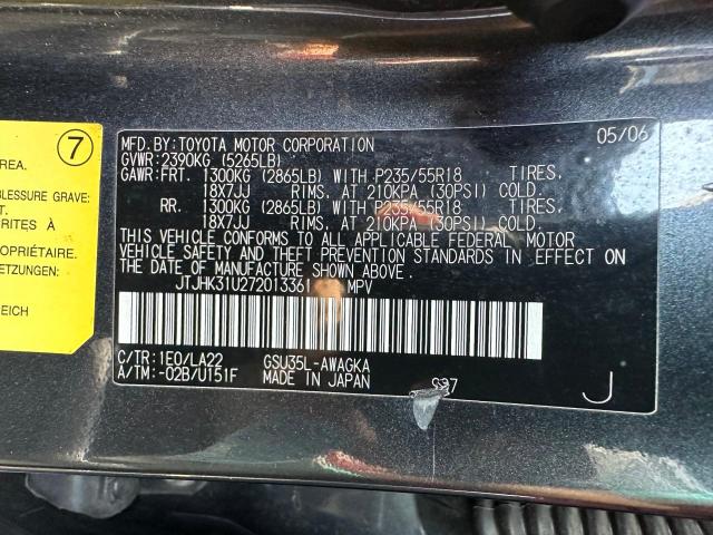 JTJHK31U272013361 - 2007 LEXUS RX 350 GRAY photo 10