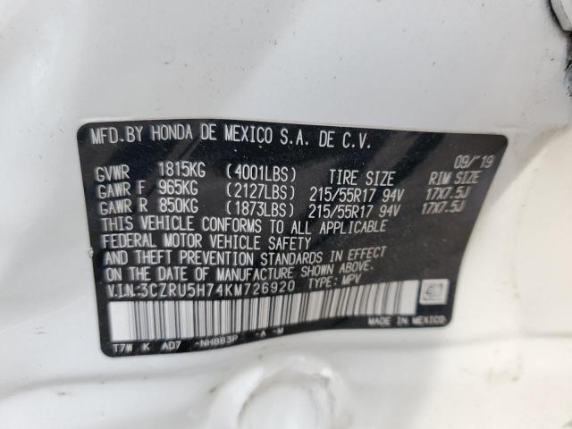 3CZRU5H74KM726920 - 2019 HONDA HR-V EXL WHITE photo 12