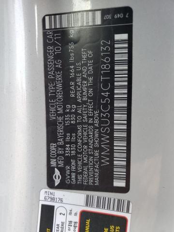 WMWSU3C54CT186132 - 2012 MINI COOPER SILVER photo 12