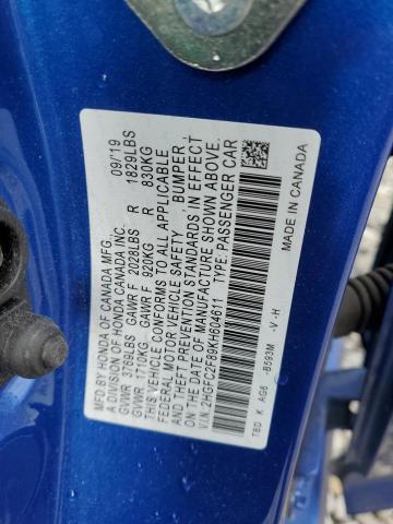 2HGFC2F89KH604611 - 2019 HONDA CIVIC SPORT 蓝色 照片 12