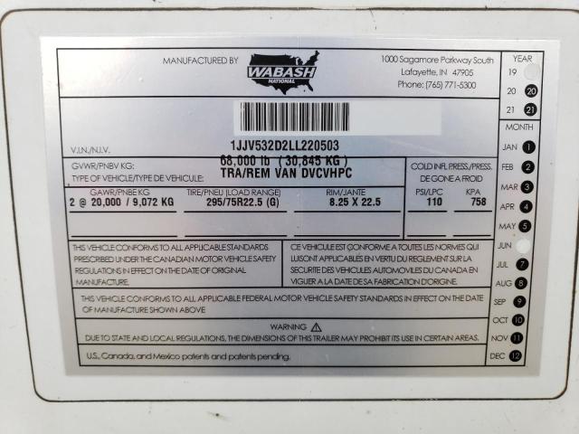 1JJV532D2LL220503 - 2020 WABASH 53'TRAILER WHITE photo 10