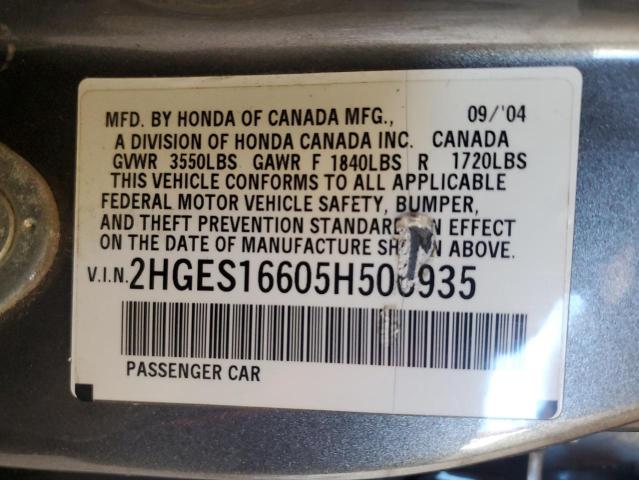 2HGES16605H506935 - 2005 HONDA CIVIC LX GRAY photo 12