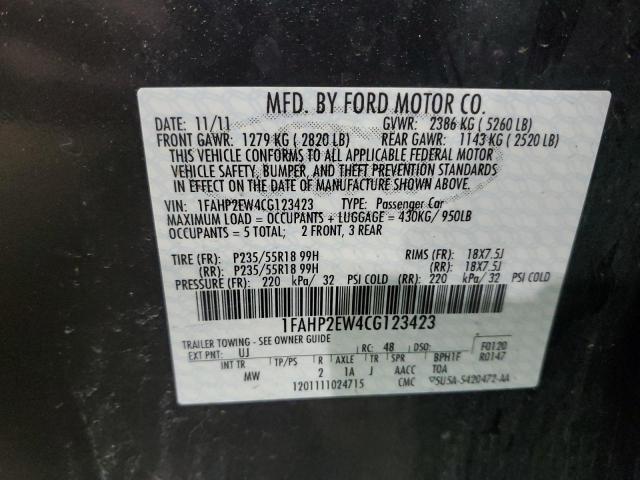 1FAHP2EW4CG123423 - 2012 FORD TAURUS SEL GRAY photo 12