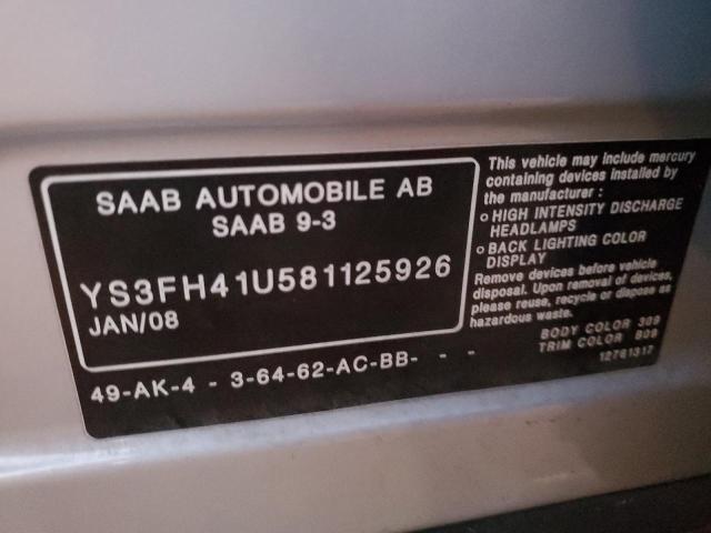 YS3FH41U581125926 - 2008 SAAB 9-3 AERO SILVER photo 12