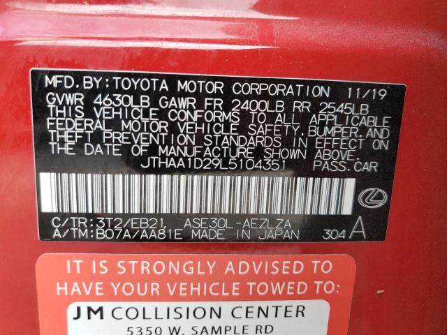 JTHAA1D29L5104351 - 2020 LEXUS IS 300 RED photo 12