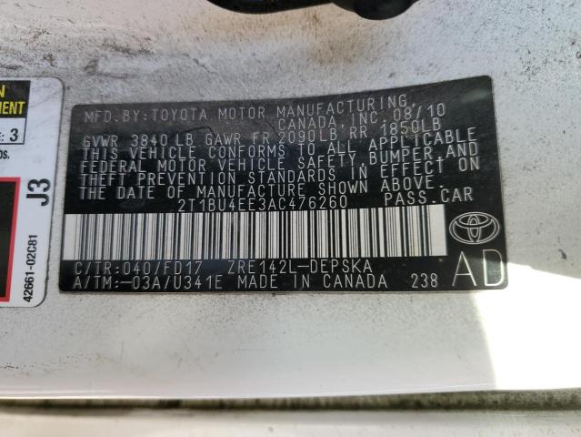 2T1BU4EE3AC476260 - 2010 TOYOTA COROALLA BASE WHITE photo 12