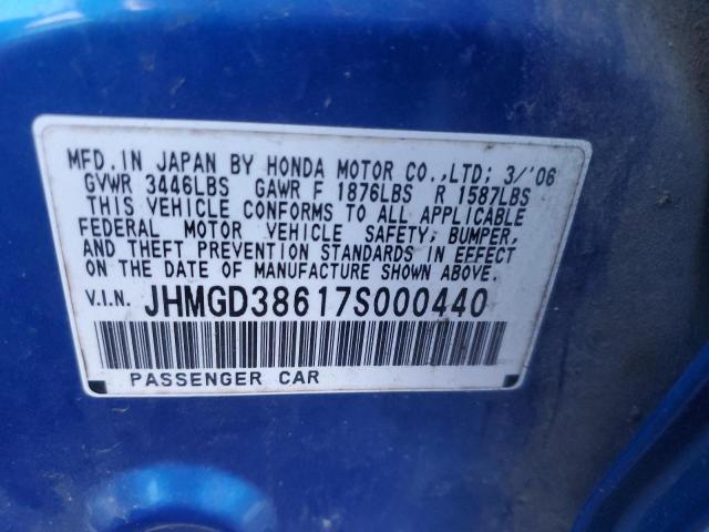 JHMGD38617S000440 - 2007 HONDA FIT S BLUE photo 12