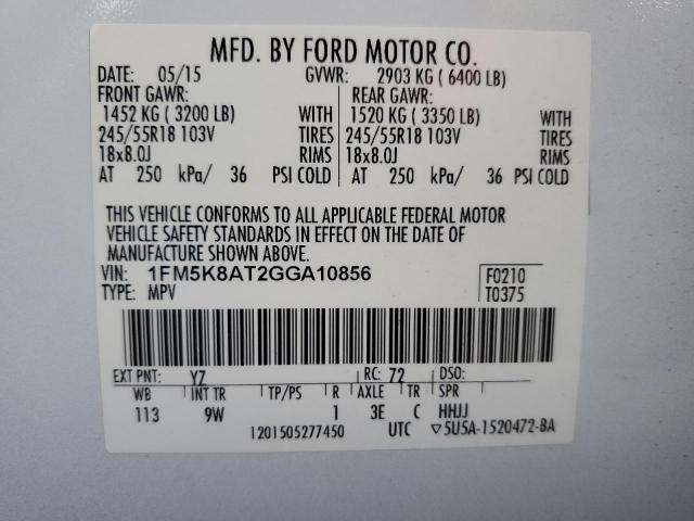 1FM5K8AT2GGA10856 - 2016 FORD EXPLORER POLICE INTERCEPTOR أبيض صورة 13