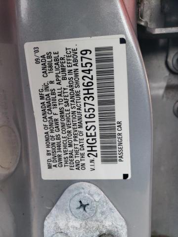 2HGES16573H624579 - 2003 HONDA CIVIC LX SILVER photo 12