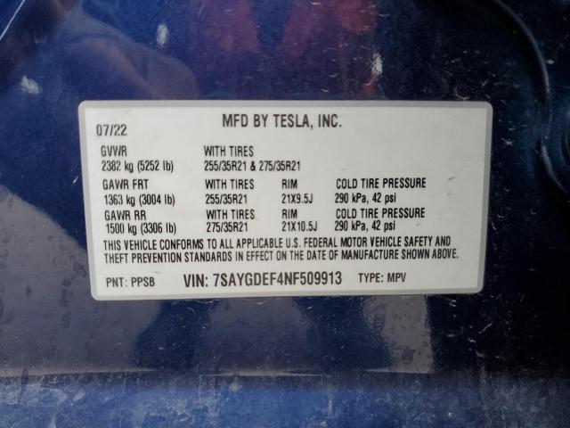 7SAYGDEF4NF509913 - 2022 TESLA MODEL Y ლურჯი ფოტო 13