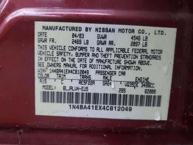 1N4BA41EX4C812049 - 2004 NISSAN MAXIMA SE RED photo 12