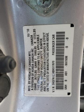 2HGFA1E54BH517870 - 2011 HONDA CIVIC LX SILVER photo 12