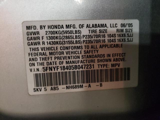 5FNYF18405B047231 - 2005 HONDA PILOT EX SILVER photo 13