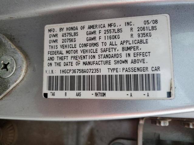 1HGCP36758A072351 - 2008 HONDA ACCORD EX SILVER photo 12