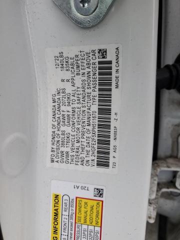 2HGFE2F5XPH511670 - 2023 HONDA CIVIC SPORT WHITE photo 12