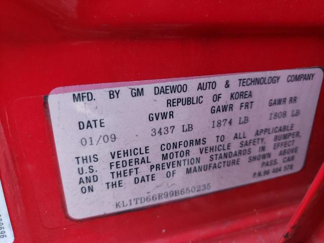 KL1TD66E99B650235 - 2009 CHEVROLET AVEO LS 红色 照片 12