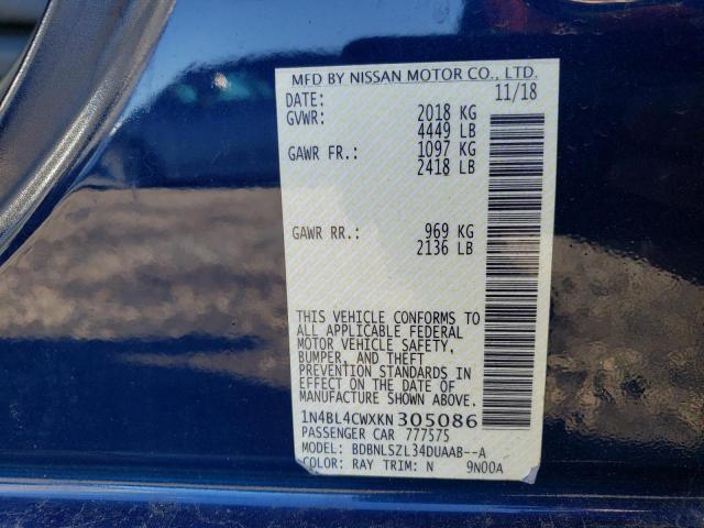 1N4BL4CWXKN305086 - 2019 NISSAN ALTIMA SR BLUE photo 12