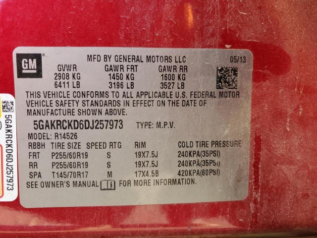 5GAKRCKD6DJ257973 - 2013 BUICK ENCLAVE RED photo 14