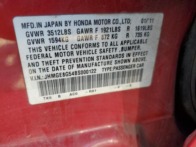 JHMGE8G54BS000122 - 2011 HONDA FIT SPORT RED photo 12