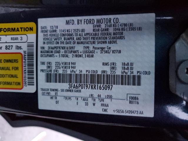 3FA6P0T97KR165097 - 2019 FORD FUSION SE BLUE photo 12