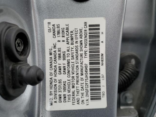 2HGFC2F75JH549497 - 2018 HONDA CIVIC EX SILVER photo 12