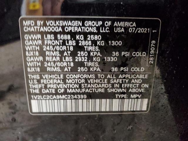 1V2LC2CA9MC234399 - 2021 VOLKSWAGEN ATLAS CROS SE შავი ფოტო 13