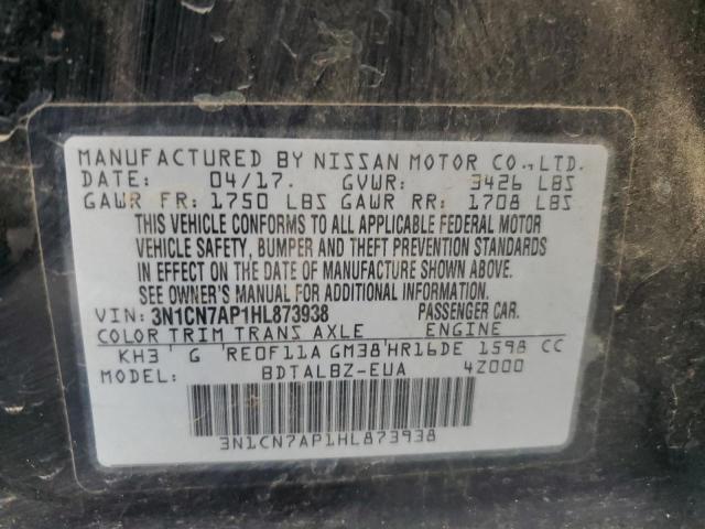 3N1CN7AP1HL873938 - 2017 NISSAN VERSA S BLACK photo 12